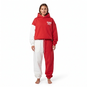 Conjunto Deportivo de Dos Piezas para Mujer con Capucha, Bloques de Color Rojo y Blanco, Ropa de Invierno, Sudadera con Capucha y Pantalones Deportivos, Transpirable - Product Image 1