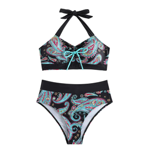 Ensemble de bikini imprimé de haute qualité pour femme, maillot de bain deux pièces taille haute avec détail cordon de serrage, logo avant, sans couture - Product Image 3