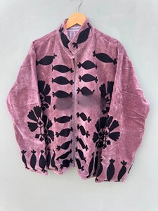 Premium Royal Mauve Pink Velvet <b>Jacket</b> Handcrafted Traditional Black Applique Work Comfortable Full Sleeve Winter Coat - Product Image 4