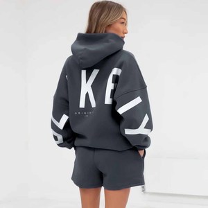 Ensemble 2 pièces pour femme : sweat à capuche court et short, couleur unie, en molleton, décontracté, sportswear, manches longues, coupe ample, toutes saisons - Product Image 5