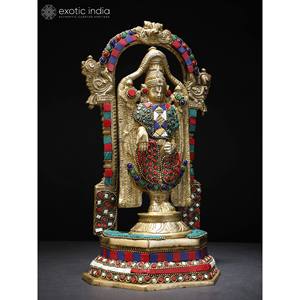 Statue de Lord Venkateshvara Tirupati Balaji de 11 pouces debout sur le trône de Kirtimukha avec sculpture de travail en incrustation de laiton complexe - Product Image 2
