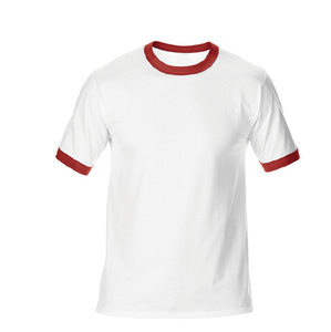 T-shirt en coton blanc pour homme, manches courtes, col rond, bordure rouge contrastante, coupe classique, décontracté, jersey uni, tricoté, teint uni - Product Image 1