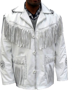 Men’s Western White Fringe Leather Jacket Retro Cowboy Tassel <b>Coat</b> with Braided <b>Stitch</b> Design Wholesale Manufacturer - Product Image 1