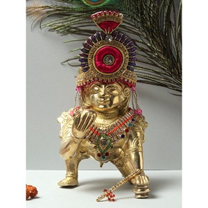 Statue en laiton de 5 pouces fabriquée à la main de Baal Gopala (Krishna) Sculpture rampante - Product Image 1