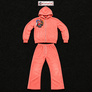 Conjunto Deportivo Coral Graphic para Hombre, Sudadera con Capucha y Cremallera Completa, Pantalones Deportivos de Pierna Ancha, Estilo Urbano, Chaqueta con Capucha y Parche Bordado, Pantalones a Juego - Product Image 5