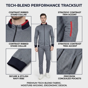 Conjunto Deportivo Gris para Hombre, Manga Larga, Cuello Alto, Transpirable, Poliéster y Algodón, para Otoño, Corte Regular, Color Sólido - Product Image 2