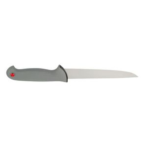 Couteaux de cuisine à lame argentée et manche gris avec accent rouge et protège-doigts incurvé pour la découpe de viande et la préparation des aliments - Product Image 2