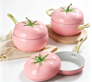 Pink Tomato Shaped Ceramic Cookware Set with Non Stick Frying <b>Pan</b> and Sauce <b>Pans</b> for <b>Induction</b> and Gas Stoves - Product Image 1