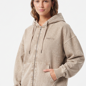 Sudadera con capucha beige oversize con hombros caídos y lavado ácido para mujer, al por mayor, de alta calidad, informal, con cremallera completa - Product Image 5