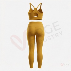 Ensemble de yoga 2 pièces jaune moutarde pour femme avec soutien-gorge de sport à bretelles croisées et leggings taille haute évidés - Product Image 2