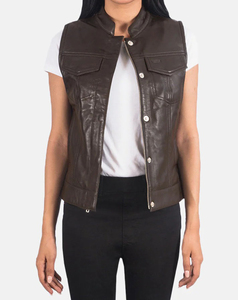 Chaleco de moto para mujer, ligero, con relleno de poliéster, de cuero PU marrón, con cuello mandarín y bolsillos, sin mangas, longitud regular, 220g - Product Image 2