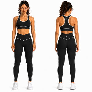 Women Contrast Trim Yoga Set High Waist Leggings Racerback Sports Bra Fitness Gym Activewear Set - Product Image 3