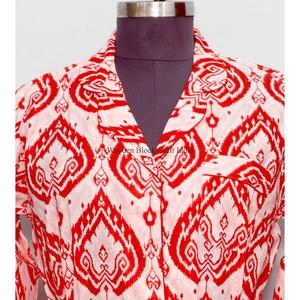 Hermosa Camisa Larga de Algodón Indio Roja para Mujer, Vestido Cruzado con Cinturón, Decoración de Botones, Estilo Simple y Dulce, Línea A, Ropa Étnica Moderna para Estar en Casa - Product Image 3