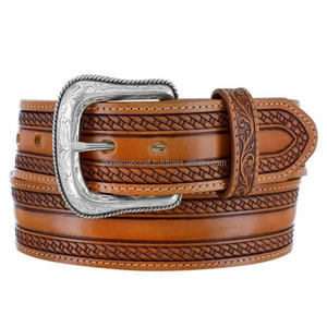 Ceinture d'outillage en cuir pour hommes, boucle occidentale, design fleur en laiton massif gaufré, et garde-corps avec couture complète, nouvelle collection, tendance - Product Image 2