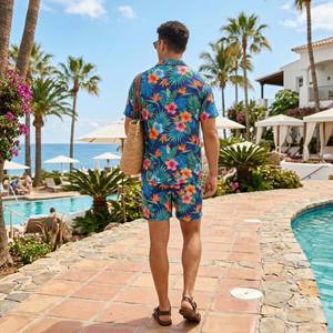 Ensemble 2 pièces personnalisé pour homme, été, imprimé floral hawaïen, chemise à col camp et short de plage assortis, tenues de resort - Product Image 5