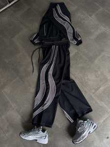 Black Contrast Panel Tracksuit Pants Wide Leg <b>Jogger</b> Trousers Elastic Waist Drawstring Casual Sportswear - Product Image 4