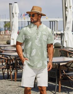 Men's Tropical Leaf Print Short Sleeve Shirt <b>Set</b> Casual Summer Outfit White and Green Top Breathable Cotton <b>Knitted</b> Fabric - Product Image 4