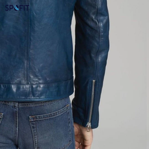 Veste en cuir véritable bleu marine pour homme de qualité supérieure, style Cafe Racer, coupe ajustée, veste de motard avec fermeture à glissière - Product Image 3
