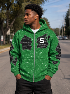 Sudadera con capucha verde con cremallera y pedrería personalizada para hombre – Sudadera premium estilo streetwear con estampado gráfico y logotipo personalizado - Product Image 6