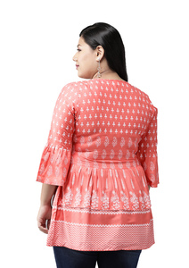 Blusa Corta de Rayón con Estampado Floral para Mujer, Talla Grande, Manga Tres Cuartos, Cuello Redondo, Color Durazno, Estilo Casual Étnico para Uso Diario - Product Image 3