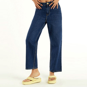 Jean en denim bleu taille haute à jambe large pour femme, coupe décontractée longueur cheville, en coton, fermeture boutonnée, couleur unie, style printemps - Product Image 1