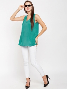 Top sin mangas de gasa de seda verde esmeralda para mujer con detalle de anillo, cuello en V y espalda hueca, estilo elegante - Product Image 2