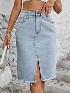 Nouvelle jupe longue en jean vintage taille haute pour femme, jupe crayon droite en coton coupe trapèze large - Product Image 4