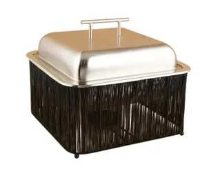 Round Metallic Container With <b>Wooden</b> Lid Curved Handle Textured Grooved Body <b>Rustic</b> Modern Design - Product Image 4