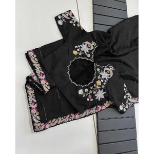 LACE DE TRABAJO BORDADO DE CHIFON ÚLTIMO SAREE CON BLUSA COSTADA NEGRO - Product Image 3