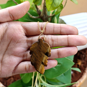 New arrival natural tiger eye leaf hand carved pendant necklace 18k gold plated brass <b>chain</b> statement necklace for women jewelry - Product Image 6