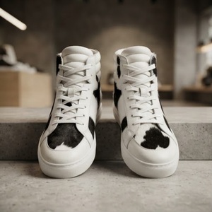 High Top Genuine <b>Leather</b> Cow Print <b>Sneakers</b> Round Toe Lace-Up Breathable Men's All Seasons Rubber Outsole EVA Midsole - Product Image 1