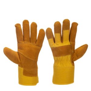 Guantes de trabajo de cuero vacuno con palma reforzada, pulgar y antepulgar reforzados, dorso de algodón amarillo y puño gomaado, duraderos. - Product Image 1