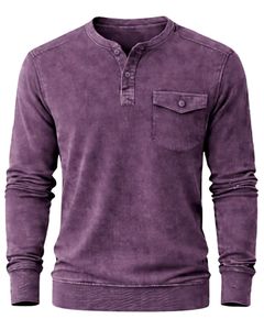 เสื้อสเวตเชิ้ตแขนยาวทรงเฮนลีย์สีม่วงสำหรับผู้ชาย สไตล์ลำลอง กระดุมผ่าหน้า มีกระเป๋า ใส่ได้ในฤดูหนาว ผ้าฝ้าย ทรงเข้ารูป แฟชั่นทันสมัย - Product Image 1