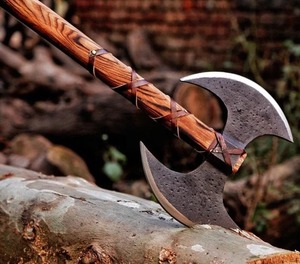 Hache viking artisanale de qualité industrielle à double lame, manche en bois, tête de tomahawk en acier à haute teneur en carbone pour l'abattage d'arbres, objet de collection - Product Image 2