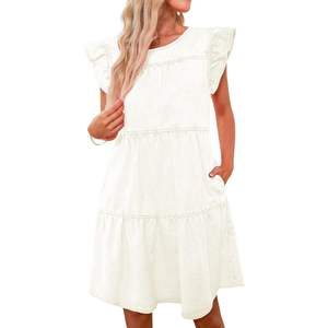 2025 2025 femmes été au crochet Denim robe nuisette sans manches à volants manches Mini robe lâche fluide balançoire robe plissée - Product Image 3