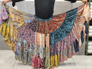 Falda de seda estilo sari para mujer, amplia, acampanada, bohemia, con patchwork, hasta el tobillo, transpirable, con grandes capas redondas, para danza del vientre - Product Image 2