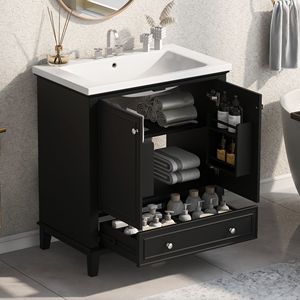Mueble de Baño Multifuncional de 30 Pulgadas con Lavabo, Estructura Sólida, Puertas y Cajón de MDF - Product Image 1