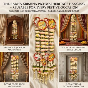 Guirlandes de médaillons Pichwai Radha Krishna artisanales, orchidées artificielles superposées en plastique, décoration murale de luxe pour mariages indiens - Product Image 2