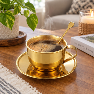 Ensemble de tasses à thé en cuivre de luxe avec soucoupe en laiton et cuillère en forme de cœur, mug à expresso pour cadeaux de mariage, vente en gros - Product Image 4