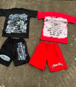 Conjunto de Camiseta y Pantalones Cortos de Verano para Hombre, Color Sólido, 2 Piezas, Estilo Urbano, Ecológico, Lavado Ácido, Impresión por Transferencia de Calor Personalizada, Venta al Por Mayor - Product Image 1