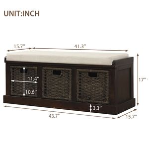 Panca Rustica con 3 Cesti per Ingresso, con Cuscino Rimovibile, in Rattan Classico, Arredamento Classico per Soggiorno - Product Image 3