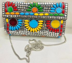 Handmade Ladies Evening <b>Clutch</b> Bags Mother of Pearl Metal Mosaic Kundan Indian Vintage Oval Multicolor Candid Metal Crafts - Product Image 5