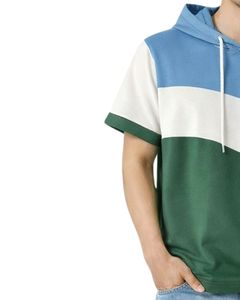 เสื้อยืดมีฮู้ดแขนสั้นผู้ชาย สีฟ้า ขาว เขียว บล็อกสี ลำลอง สวมหัว มีฮู้ด เนื้อผ้านุ่ม ผสมผ้าฝ้าย ใส่สบายในฤดูร้อน แฟชั่น - Product Image 4