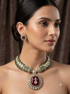 R.K. Juego de Collar HASLI Chapado en Oro con Perlas y Circonitas, Estilo Étnico Indio, para Novias, con Aretes a Juego, para Bodas y Fiestas - Product Image 1