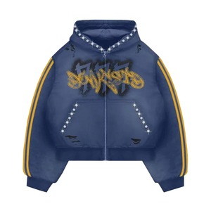 Custom Rhinestone Streetwear Hoodie Heavyweight French Terry Vintage Boxy <b>Cropped</b> <b>Zip</b> <b>Up</b> Hoodie High Quality OEM Wholesale - Product Image 1