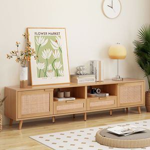Mueble de TV Moderno Estilo Farmhouse para Televisores de hasta 85 Pulgadas, Centro de Entretenimiento de Madera Sólida con Patas de Madera Sólida y Ratán, Gabinete de Madera Sólida por Li - Product Image 5