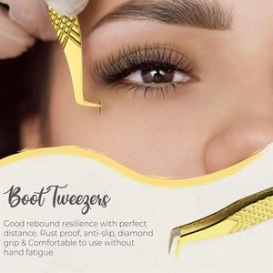 Prix de gros : Pince à cils courbée dorée en acier inoxydable pour extensions de cils avec fibre - Product Image 5