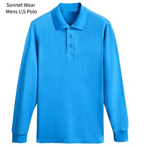 Polo à manches longues pour homme, bleu uni, tissu tricoté décontracté, coupe classique - Product Image 1