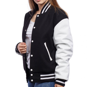 Veste universitaire pour femme 100% laine écologique noire et blanche à manches longues, col montant boutonné, couleur unie, design contrastant, coupe classique - Product Image 4