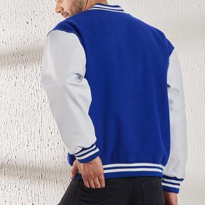 Men's Blue Varsity <b>Jacket</b> With White Letter F Embroidery Preppy Style Regular Fit Single Breasted Turn-down <b>Collar</b> Autumn Wear - Product Image 2